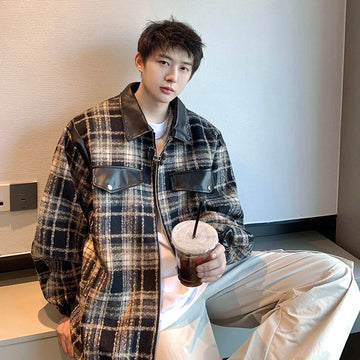 AIDASE  -  New Male Jacket Coats PU Leather Patchwork Lapel Zipper Casual Trendy Menswear Niche Design Handsome Men Tops 21E6679 aidase-shop